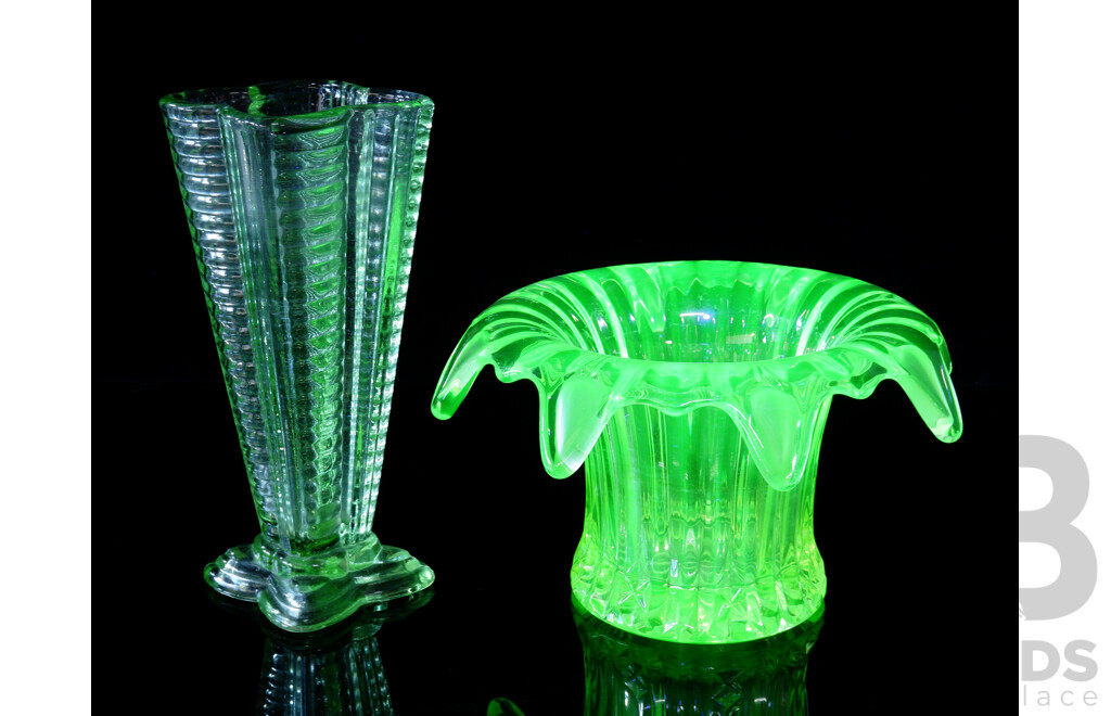 Vintage Uranium Glass Splash Form Vase Along with Depression Glass Vase