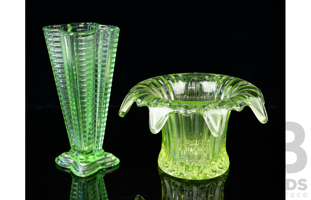 Vintage Uranium Glass Splash Form Vase Along with Depression Glass Vase