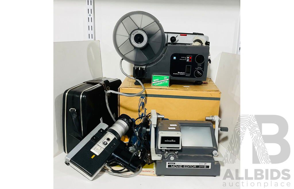 A Collection of Three Retro Movie Making Items, Including a Minolta Super 8 Movie Editor, a Canon Pistol Grip Camera and a Sankyo Movie Projector