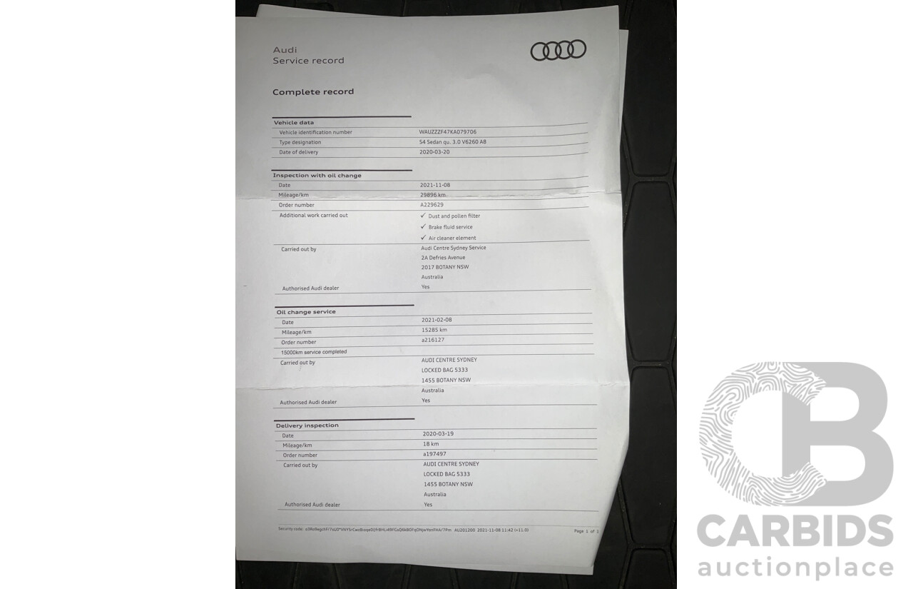 07/2019 Audi S4 3.0 TFSI Quattro B9 (8W) MY20 4d Sedan Daytona Grey Turbo 3.0L