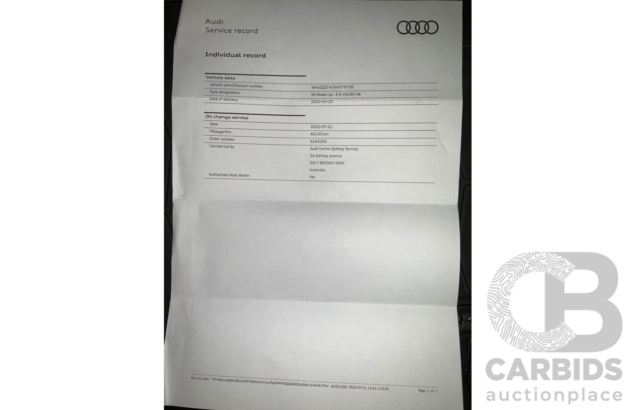 07/2019 Audi S4 3.0 TFSI Quattro B9 (8W) MY20 4d Sedan Daytona Grey Turbo 3.0L