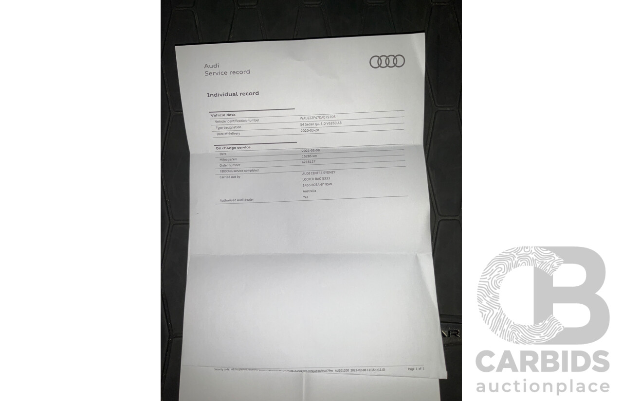 07/2019 Audi S4 3.0 TFSI Quattro B9 (8W) MY20 4d Sedan Daytona Grey Turbo 3.0L