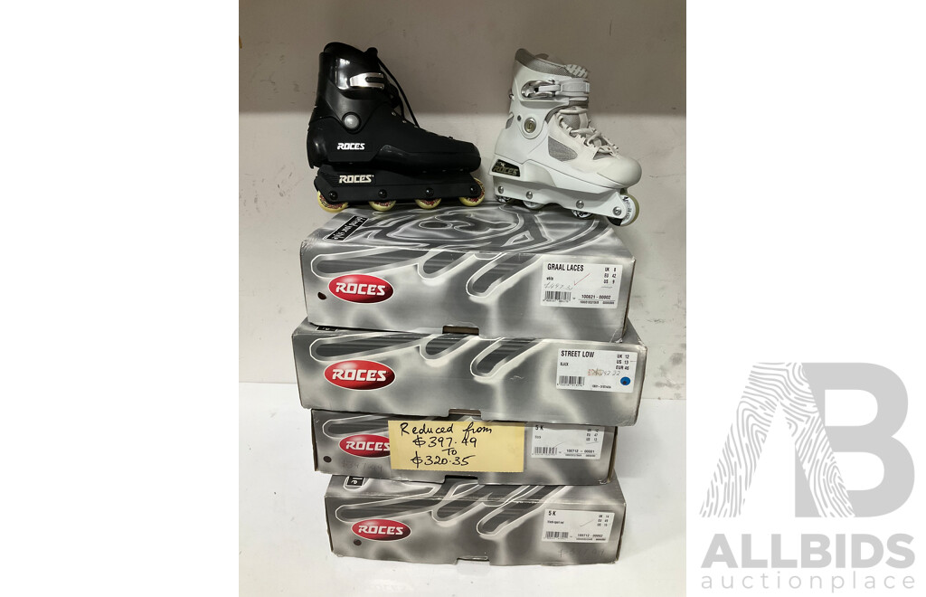 Four Pairs of Roces Roller Blades Graal Laces, Street Low and 5K Sizes US 9, 13, 15