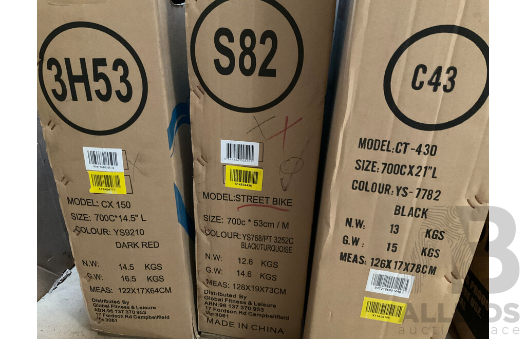 XDS Street Bike 700c 53cm Bike (Black Turquoise), XDS CT 430 700C 21 Inch City Bike (Black) and XDS CX150 700C 14.5inch Ladies Hybrid Bike (Dark Red) - Brand New in Boxes - Lot of 3 Bikes - Total ORP Over $1500