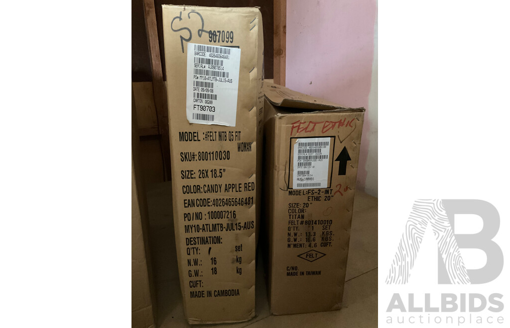 Felt MTB Q5 Fit 26 inch Woman's Mountain Bike (Candy Apple Red) and Felt FS 2 INT Ethic 20 Inch BMX (Titan) - Lot of 2 Bikes - Brand New in Box 
