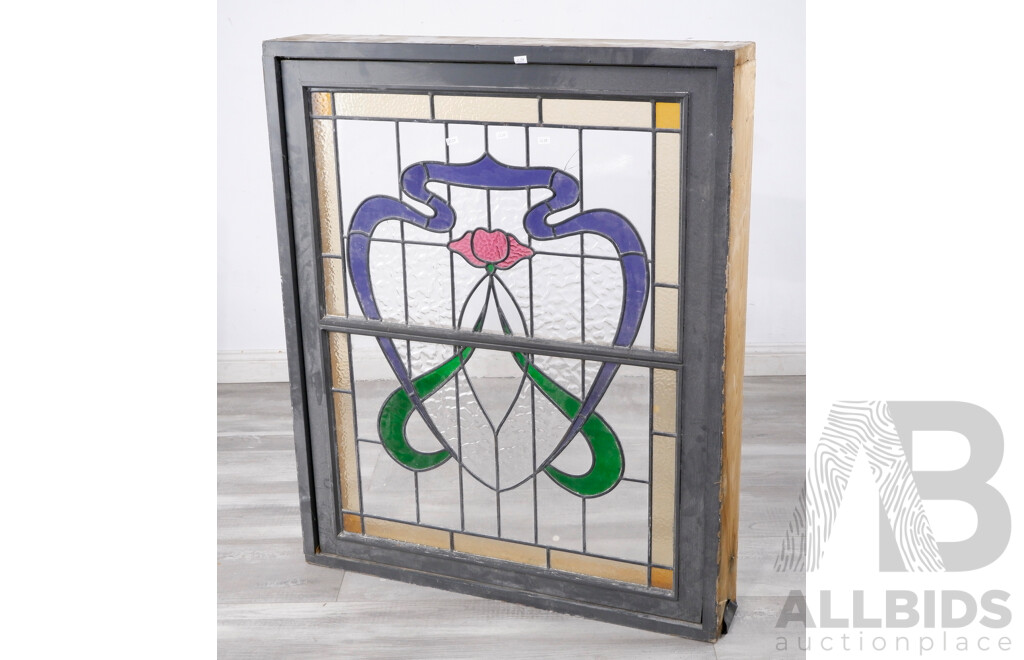 Fantastic Art Nouveau Stained Glass Panel with Painted Hardwood Frame