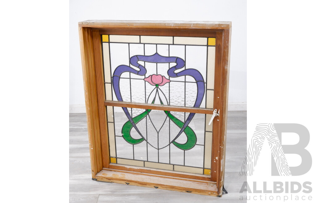 Fantastic Art Nouveau Stained Glass Panel with Painted Hardwood Frame