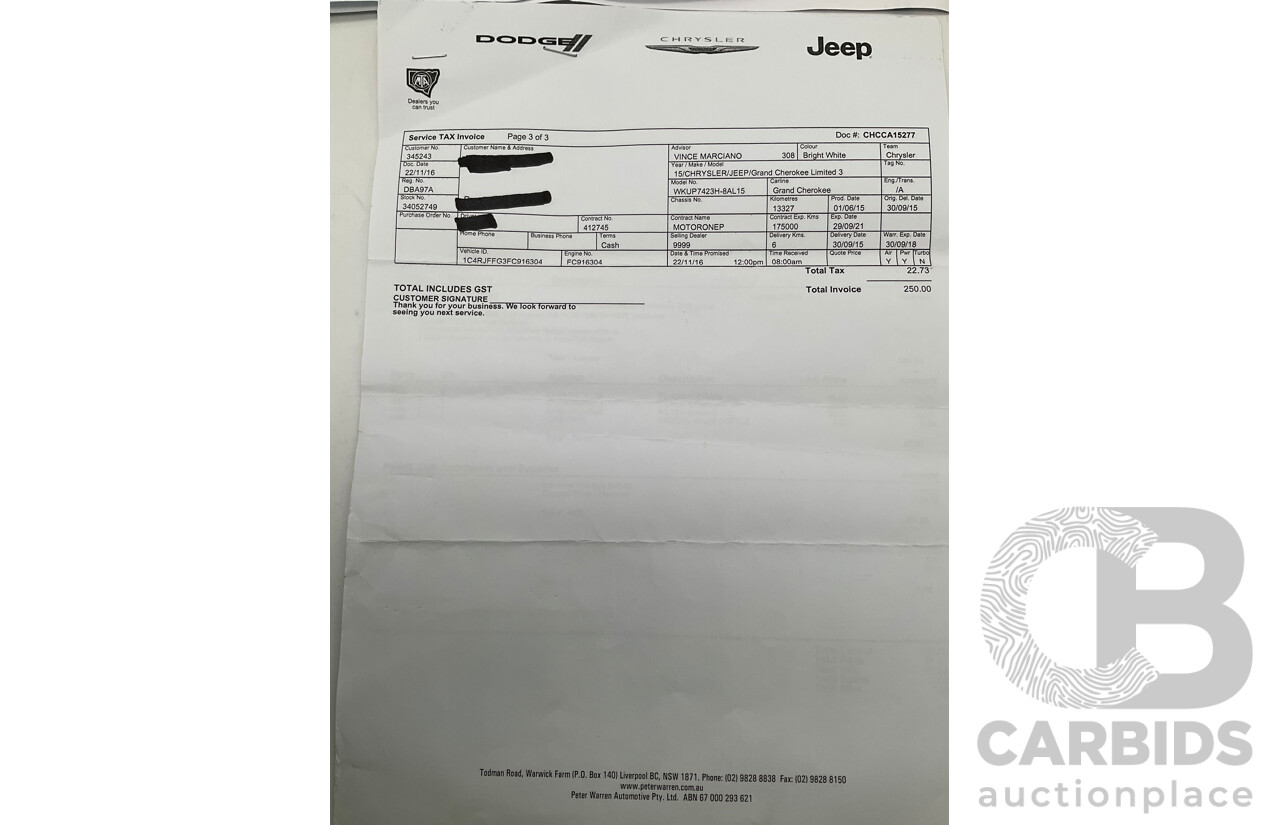 9/2015 Jeep Grand Cherokee Limited (4x4) WK MY15 4d Wagon Bright White 3.6L
