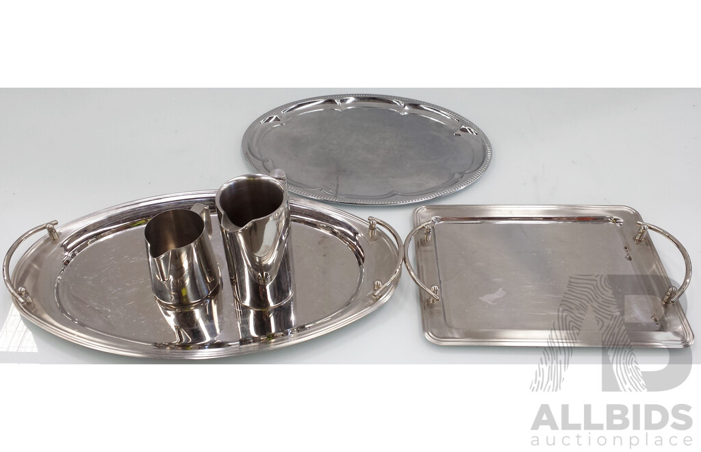 Three Stainless Steel Serving Trays and Two Jugs