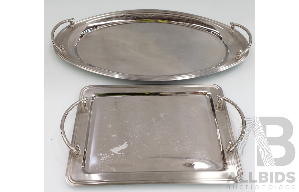 Three Stainless Steel Serving Trays and Two Jugs