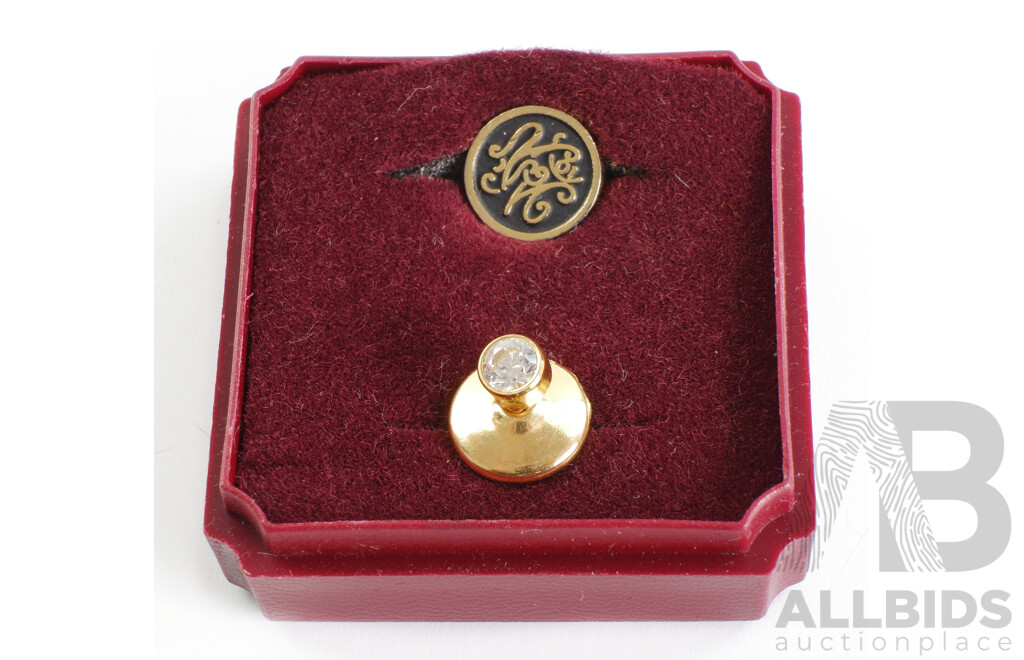 Vintage Button Pins, Gold Plated Enamel and CZ Set