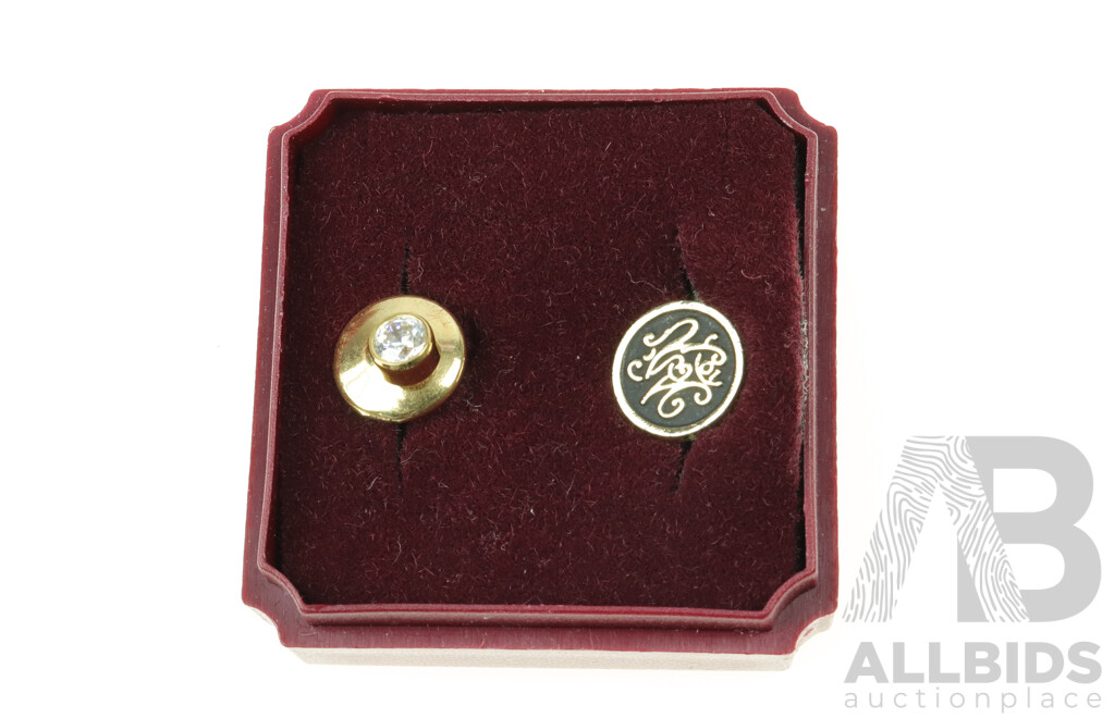 Vintage Button Pins, Gold Plated Enamel and CZ Set