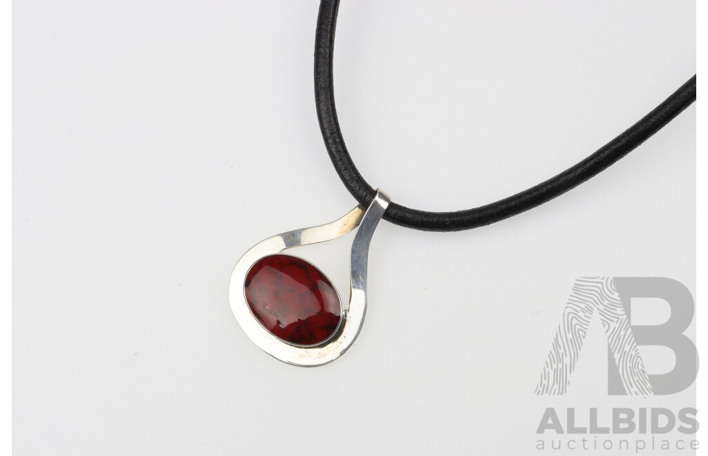 Sterling Silver Mexican Red Turquoise Pendant on Leather Necklet, 42cm