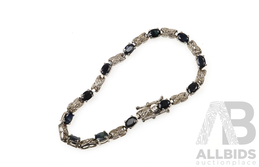 Sterling Silver Natural Sapphire Set Bracelet, 19cm, 11.75 Grams