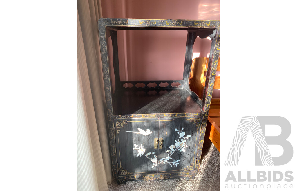 Vintage Japanese Black Lacquer and Shell Inlaid Cabinet with Hand Painted Motif