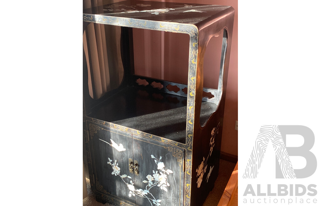 Vintage Japanese Black Lacquer and Shell Inlaid Cabinet with Hand Painted Motif