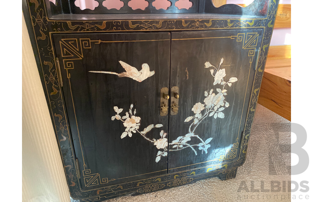 Vintage Japanese Black Lacquer and Shell Inlaid Cabinet with Hand Painted Motif