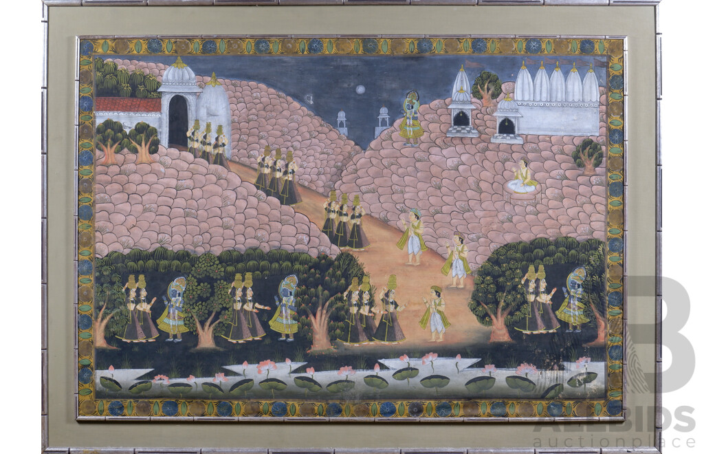 Large Late 19th Century Painting of Rahda & Krishna with Procession - Evening, Pigment on Canvas