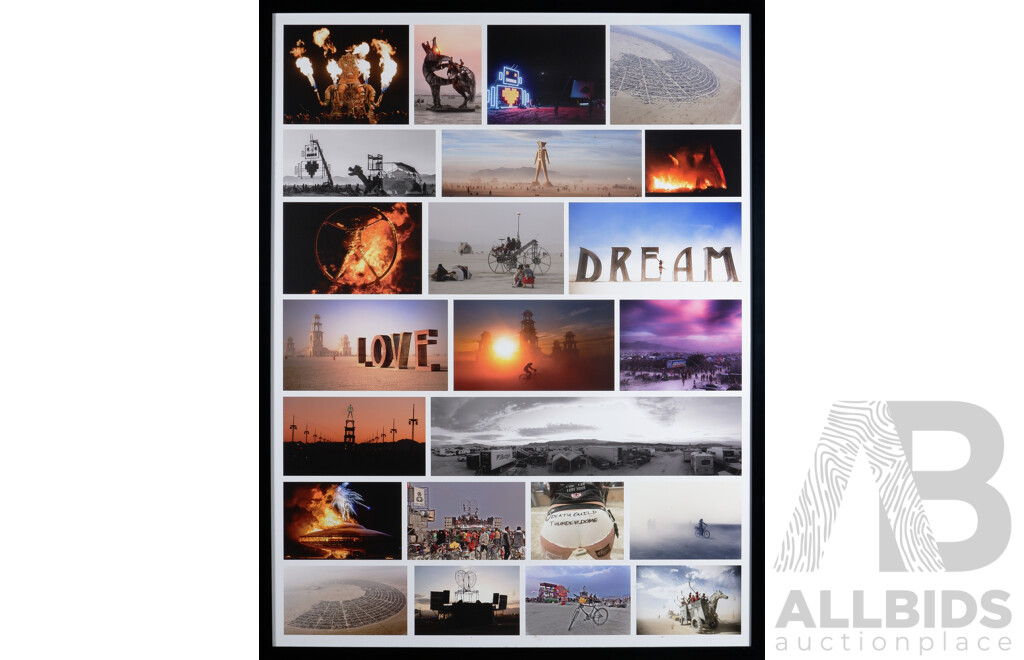 Framed Montage of 'Burning Man' Festival Photographs, 140 x 107 cm (frame)