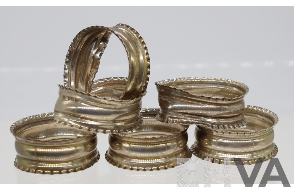 Set Six Antique Sterling Silver Napkin Rings, Birmingham 1905