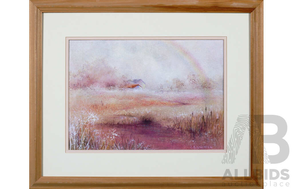 Cleo Whitten, Cottage in Landscape with Rainbow, Watercolour, 27 X 37 Cm together with another small oil painting signed Helen Versluis (2)