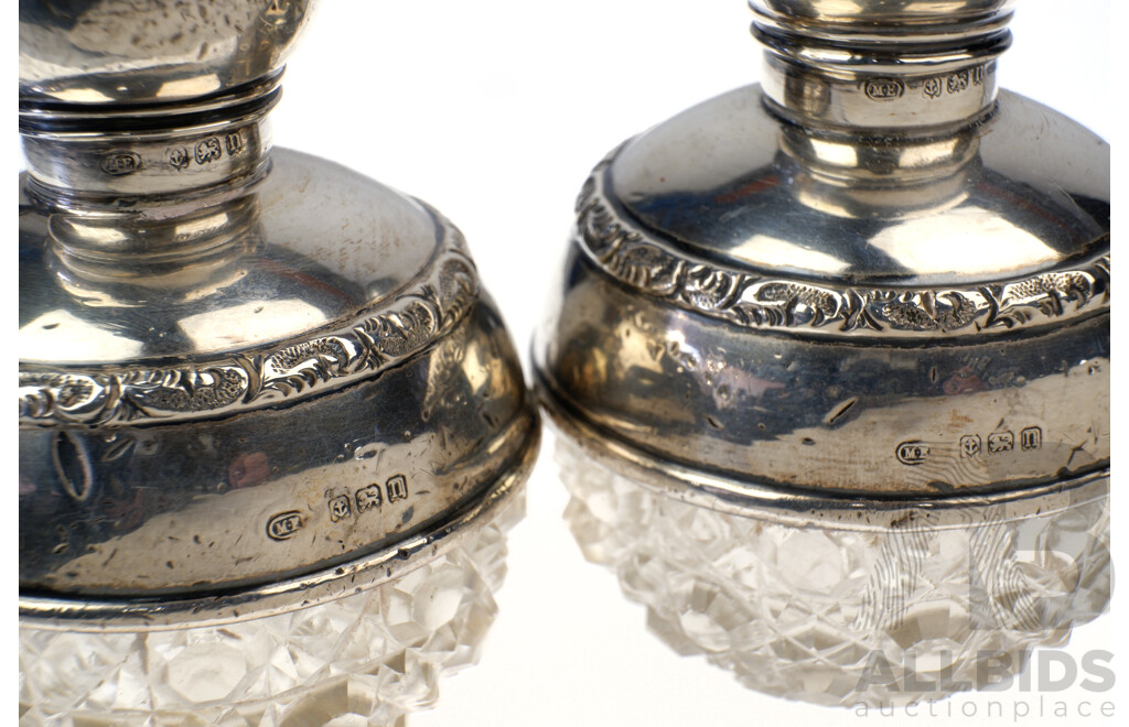 Pair Vintage Dressing Table Cut Glass Bottles with Sterling Silver Mounts and Lid, Birmingham 1937
