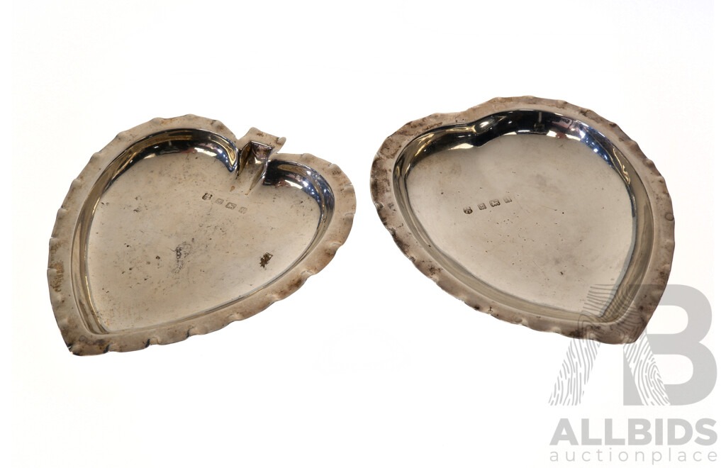 Pair Antique Sterling Silver Heart Shaped Dishes, Birmingham 1906