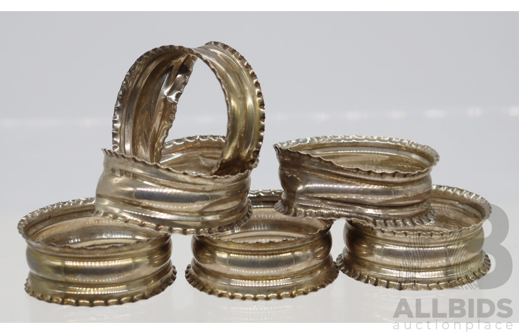 Set Six Antique Sterling Silver Napkin Rings, Birmingham 1905
