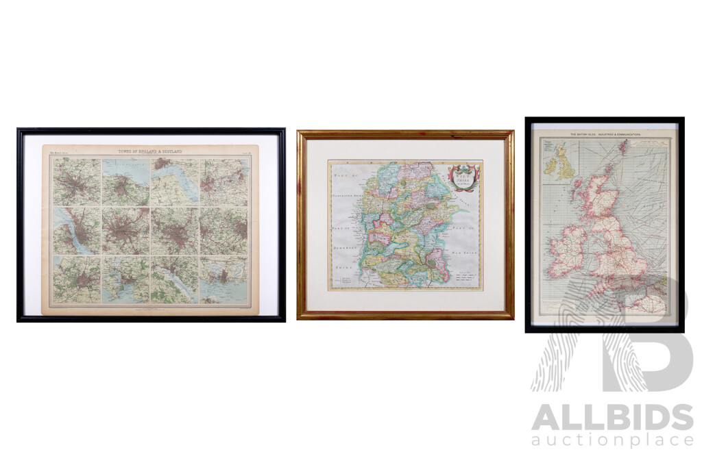 Three Framed Maps of Britain & the British Isles: 'Towns of England & Scotland' From the Times Atlas; 'the British Isles: Industries & Communications' & 'Wiltshire' After Robert Morden 1695, Largest 45 X 60 Cm (3)