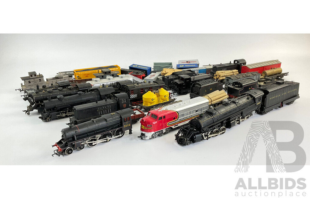 Large Collection Mostly HO Scale Train Locomotives and Cars, For Repair