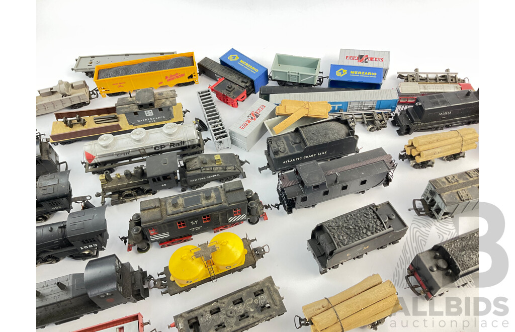 Large Collection Mostly HO Scale Train Locomotives and Cars, For Repair