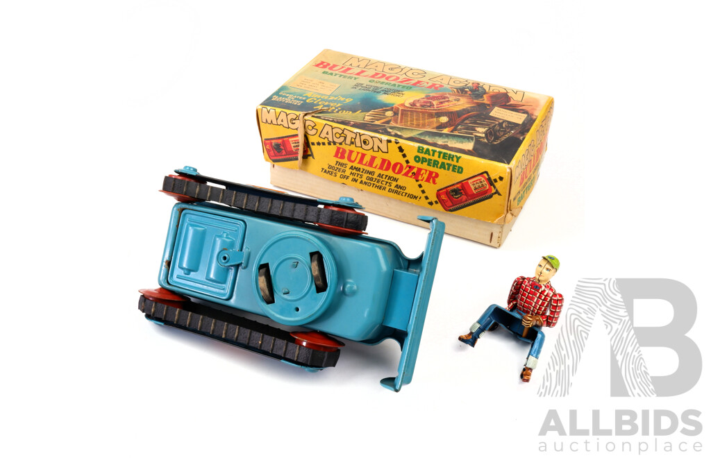 Vintage T.N Pressed Steel Magic Action Bulldozer with Original Box, Made in Japan