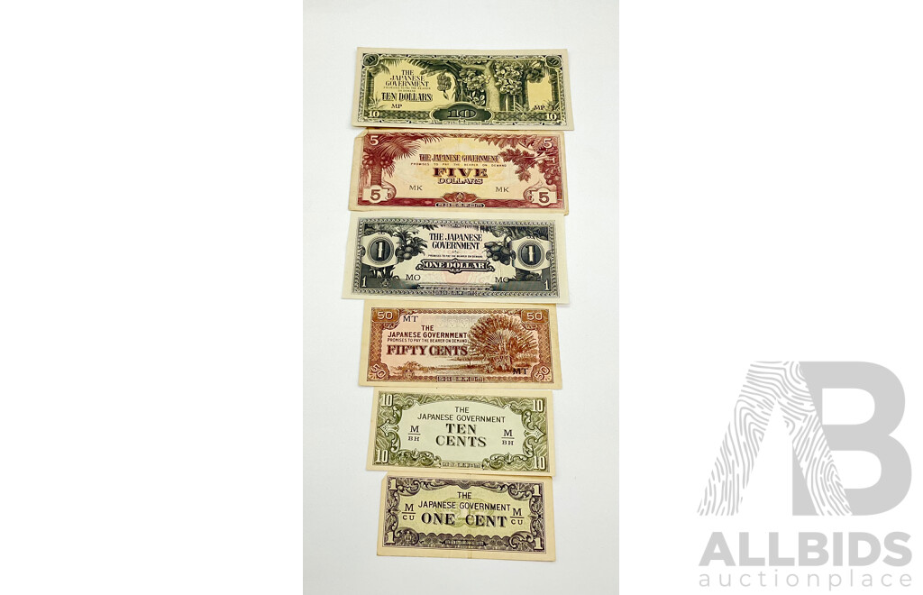 Six Japanese notes. WW2 Invasion money.