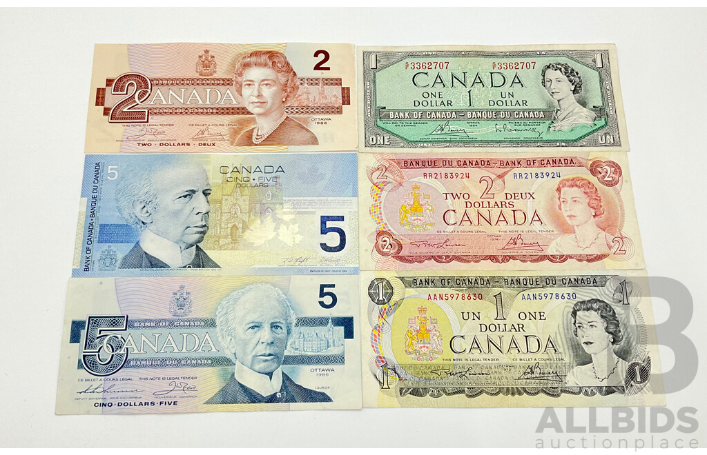 Six Canadian bank notes.