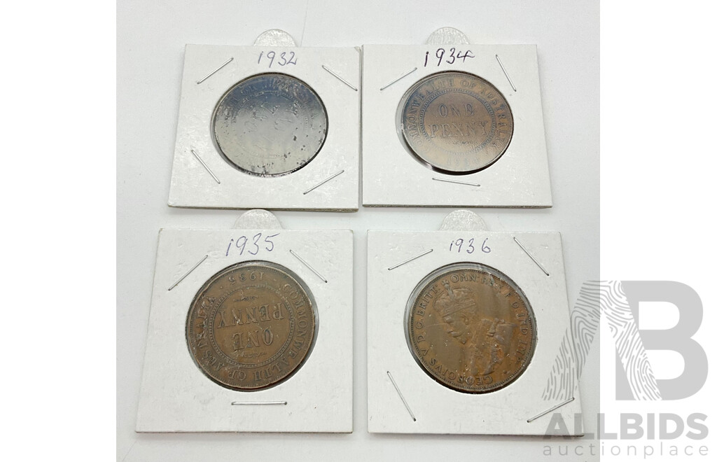 4 Australian pennies, 1932 1934 1935 1636.