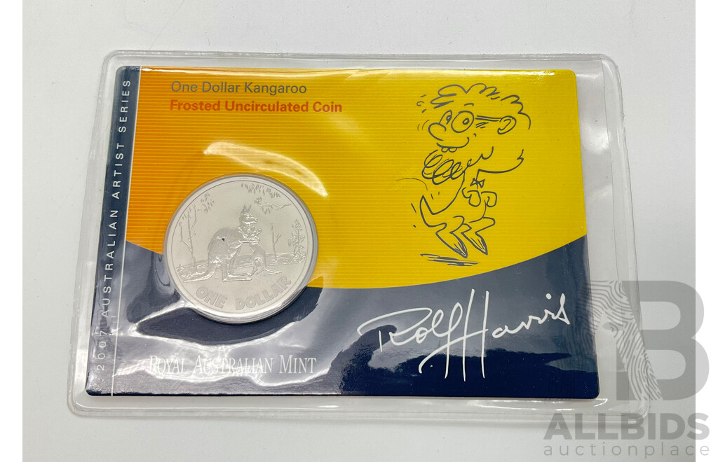 2007 Rolf Harris $1 frosted Kangaroo coin.