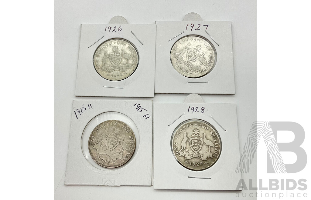 1915 1926 1927 1928 Australian florins. 92.5% silver.