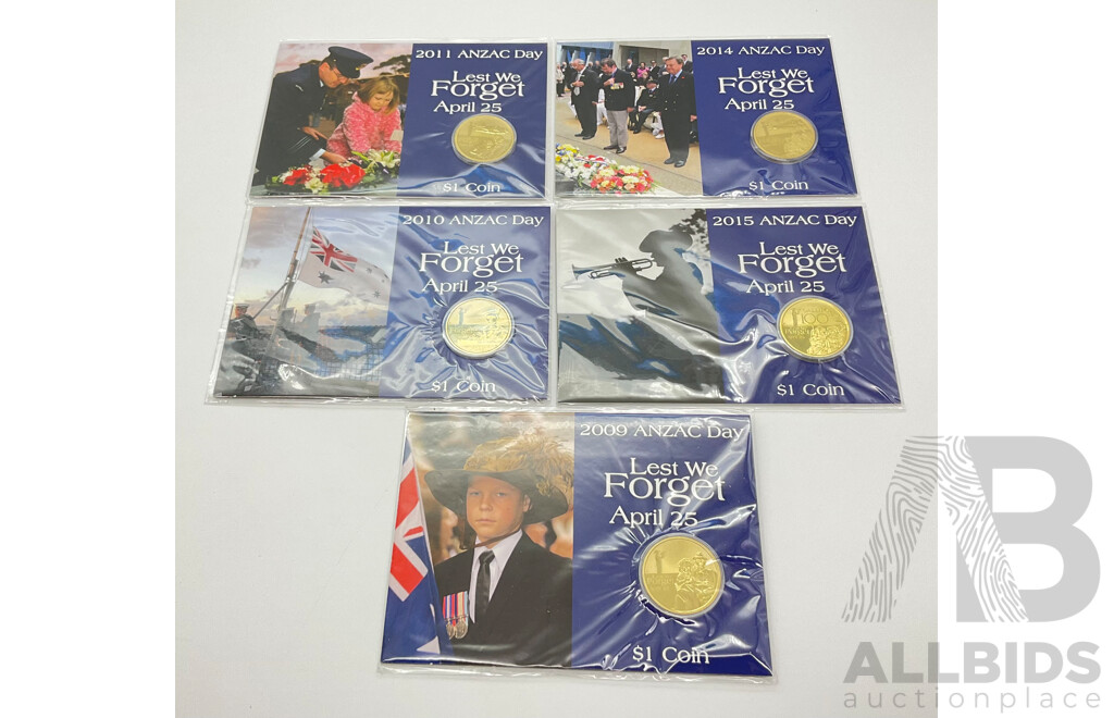 2009 2010 2011 2014 2015 Perth Mint ANZAC day $1 coins.