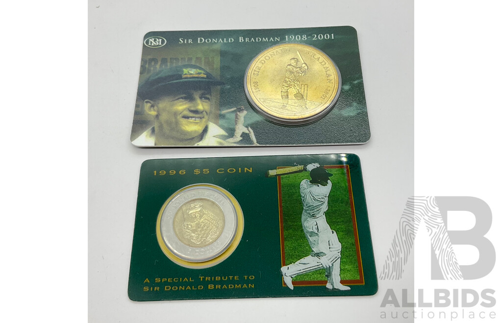 Donald Bradman 1996 and 2001 $5 coins.