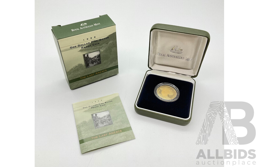 1999 Proof $1 coin, fine silver 99.9% Last Anzacs.