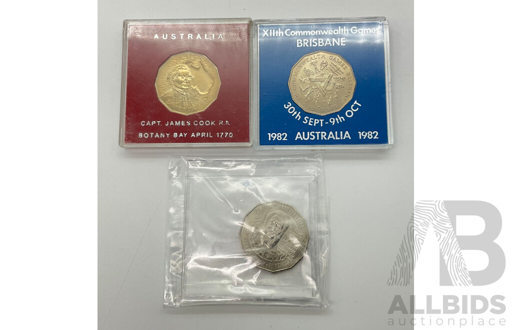 1979, 1982, 2017 UNC 50c Coins.
