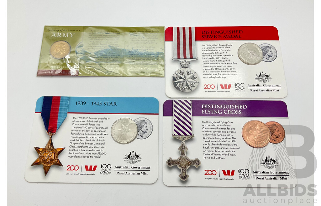 Three commemorative coins and Centenary of Army mint marked $1 coin.