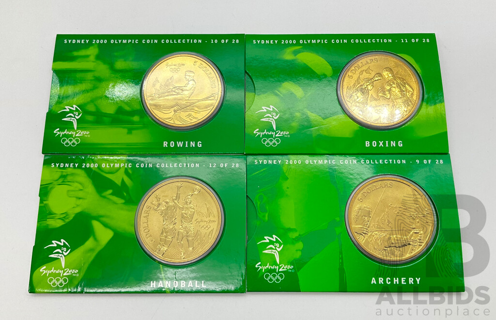 2000 Perth Mint Sydney Olympics $5 coins. Rowing, Handball, Archery, Boxing.