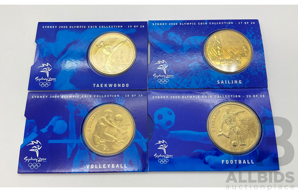 2000 Sydney Olympics Perth Mint $5 coins. Taekwondo, Sailing, Volleyball, Football.