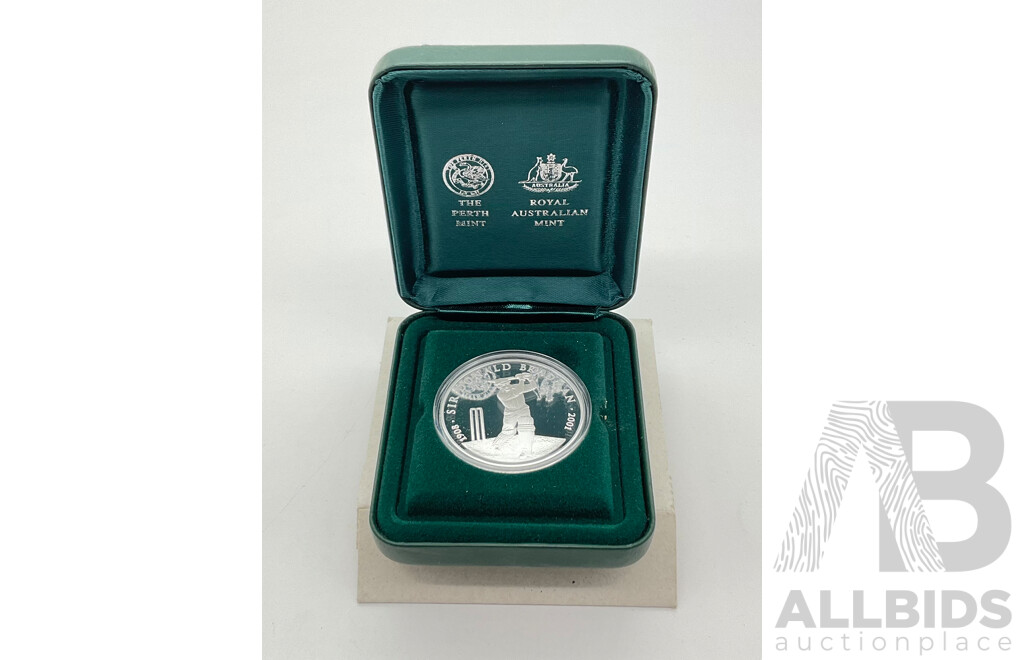 2001 Perth Mint Donald Bradman fine silver $10 coin, 99.9% silver.
