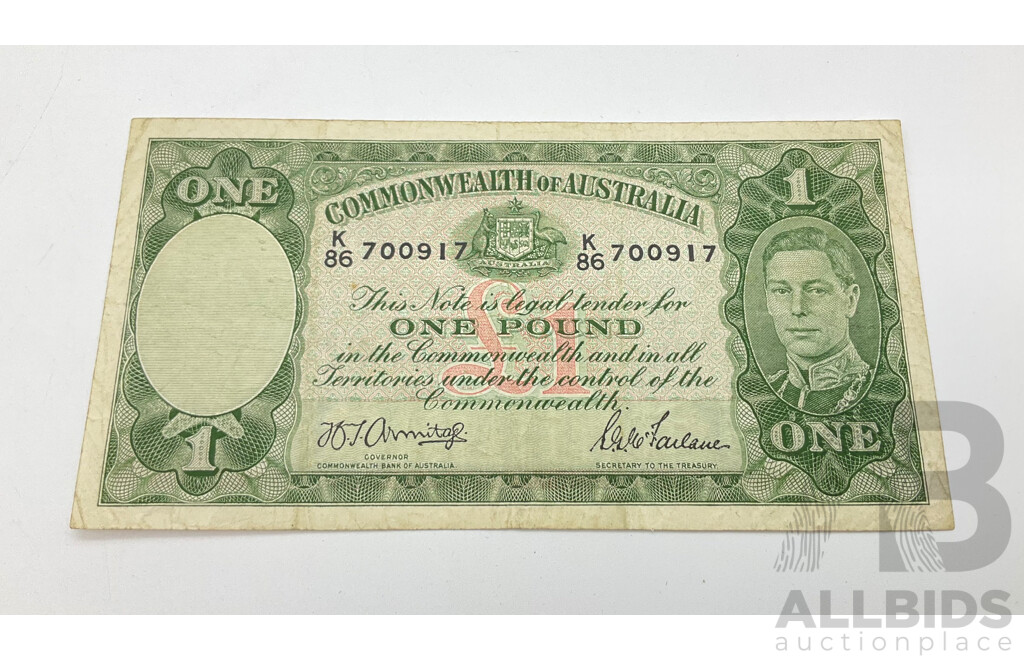 1942 Australian One Pound note, K86 700917 R30A