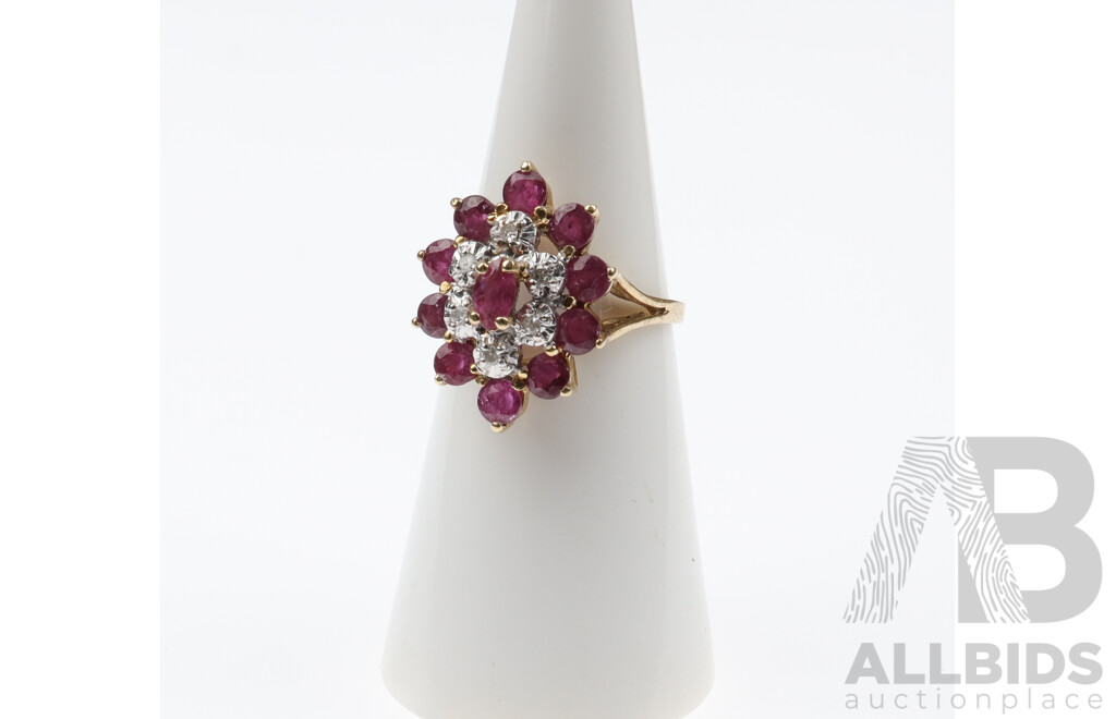 14ct Ruby & Diamond Cluster Ring, Size L, 4.17 Grams