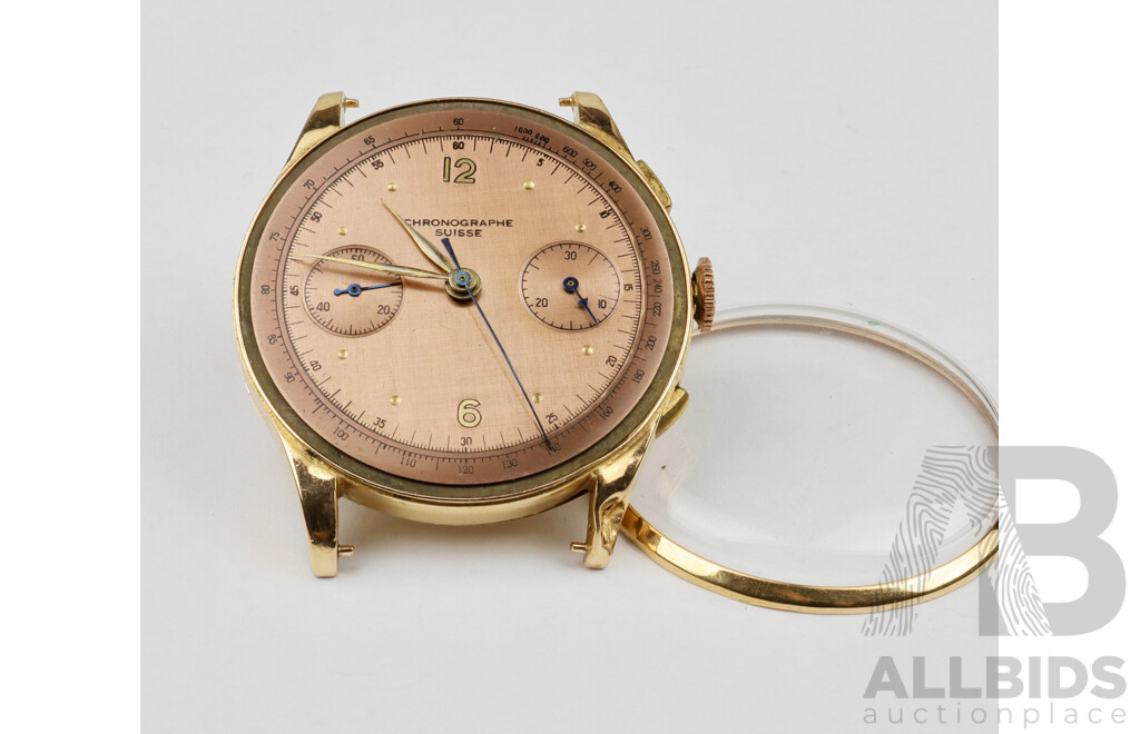 18ct Chronograph Suisse Vintage Watch - No Band, 44mm Casing, Hallmarked 18K 0.750 147, Watch Weighs 33.6grams