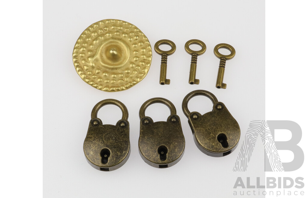 Vintage (3) Padlocks with Keys and Embossed Circular Brooch/Pendant 40mm Diameter - No Hallmarks