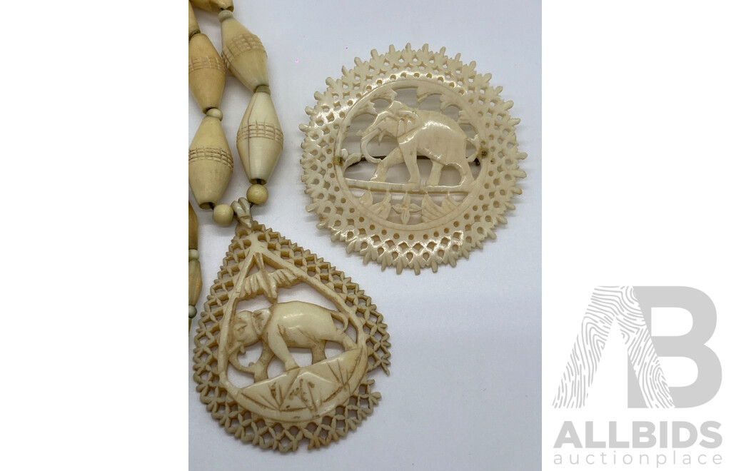 Carved Ivory Beads with Elephant Pendant and Carved Ivory Elephant Brooch